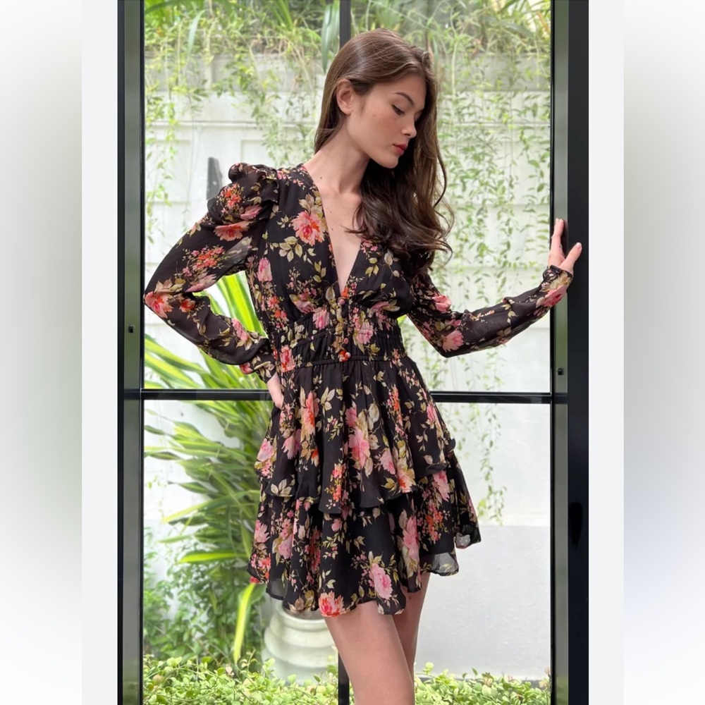 Yumi Kim Samba Ruffle Dress in Flirty Floral Black - Picture 2 of 12